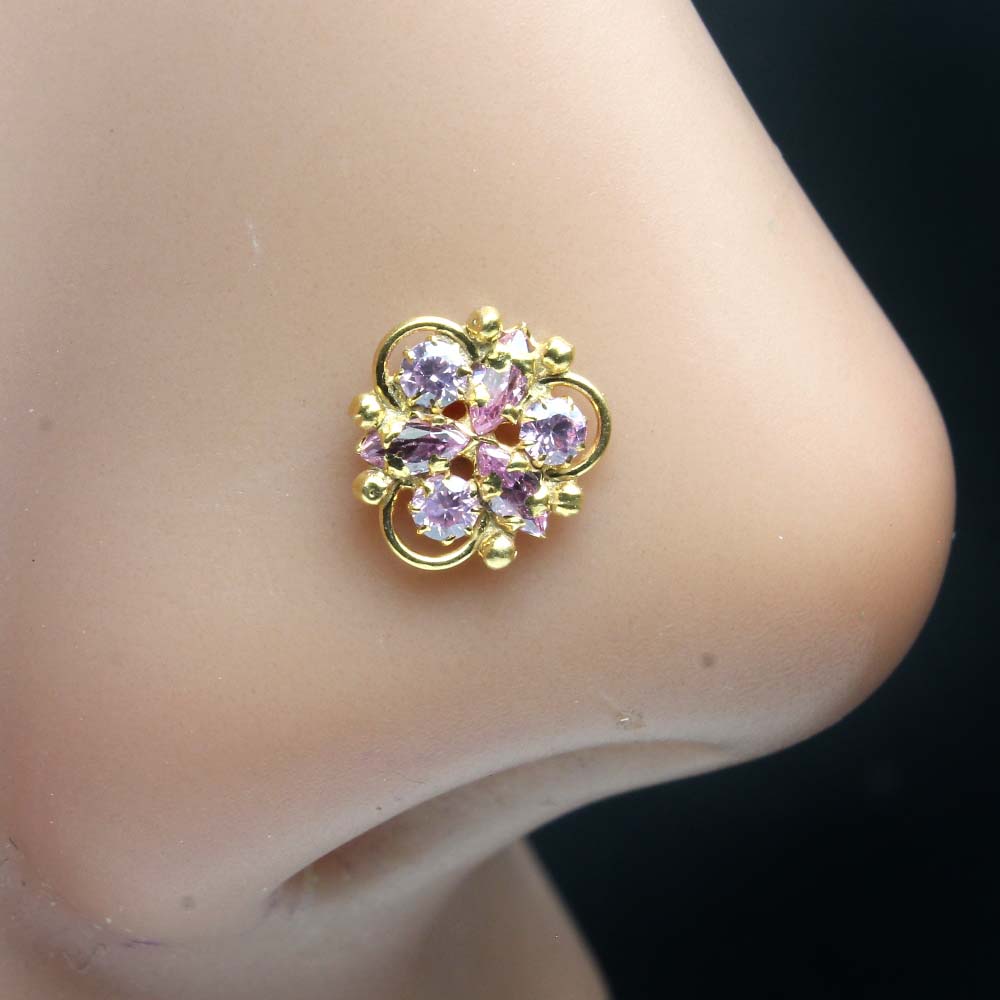 Ethnic Gold Plated Indian Women Style Nose Studs CZ Twisted nose ring 24g