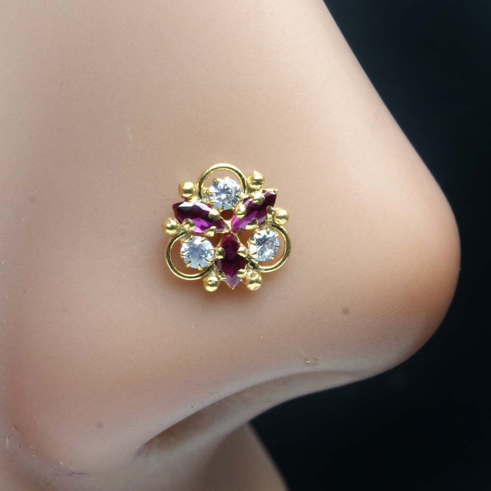 Ethnic Gold Plated Indian Women Style Nose Studs CZ Twisted nose ring 24g