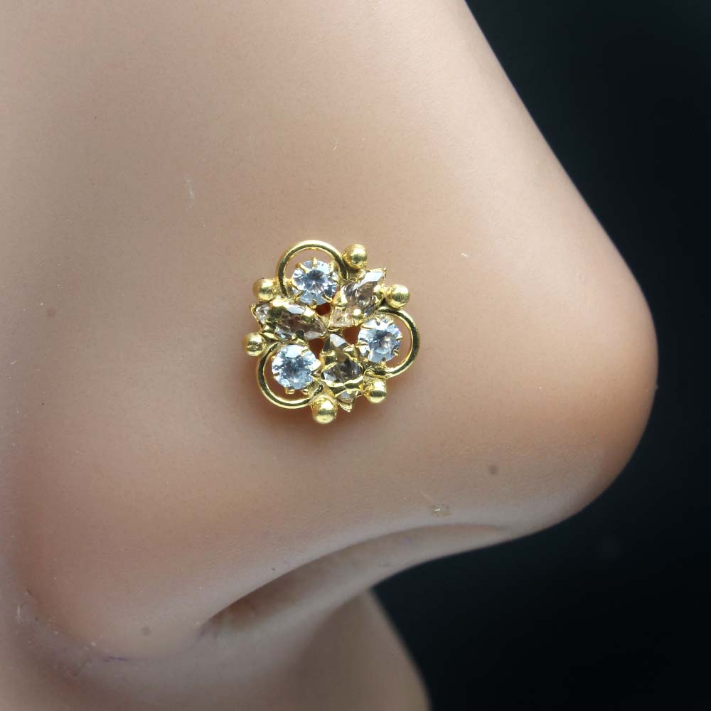 Ethnic Gold Plated Indian Women Style Nose Studs CZ Twisted nose ring 24g