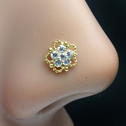 Cute Flower Gold Plated Indian Women Style Nose Studs CZ Twisted nose ring 24g