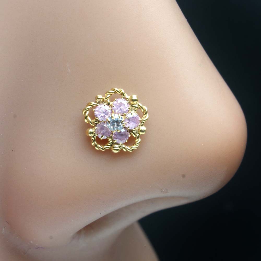 Cute Flower Gold Plated Indian Women Style Nose Studs CZ Twisted nose ring 24g