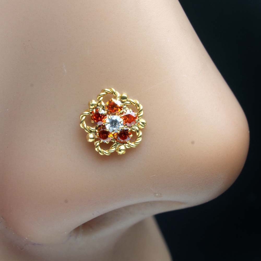 Cute Flower Gold Plated Indian Women Style Nose Studs CZ Twisted nose ring 24g