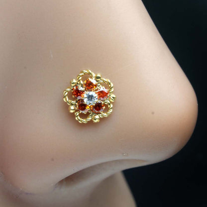 Cute Flower Gold Plated Indian Women Style Nose Studs CZ Twisted nose ring 24g