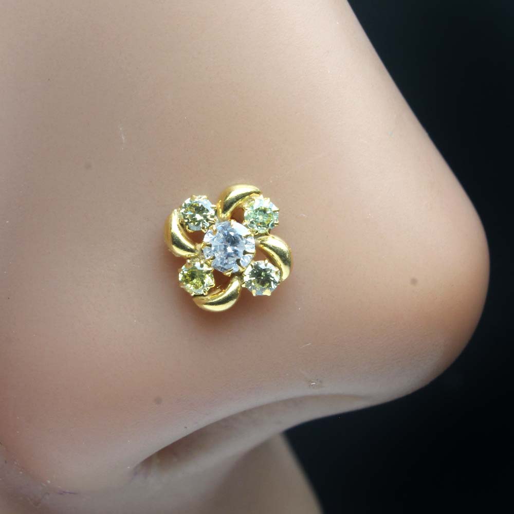 Traditionally Gold Plated Indian Style Nose Studs CZ Twisted nose ring 24g