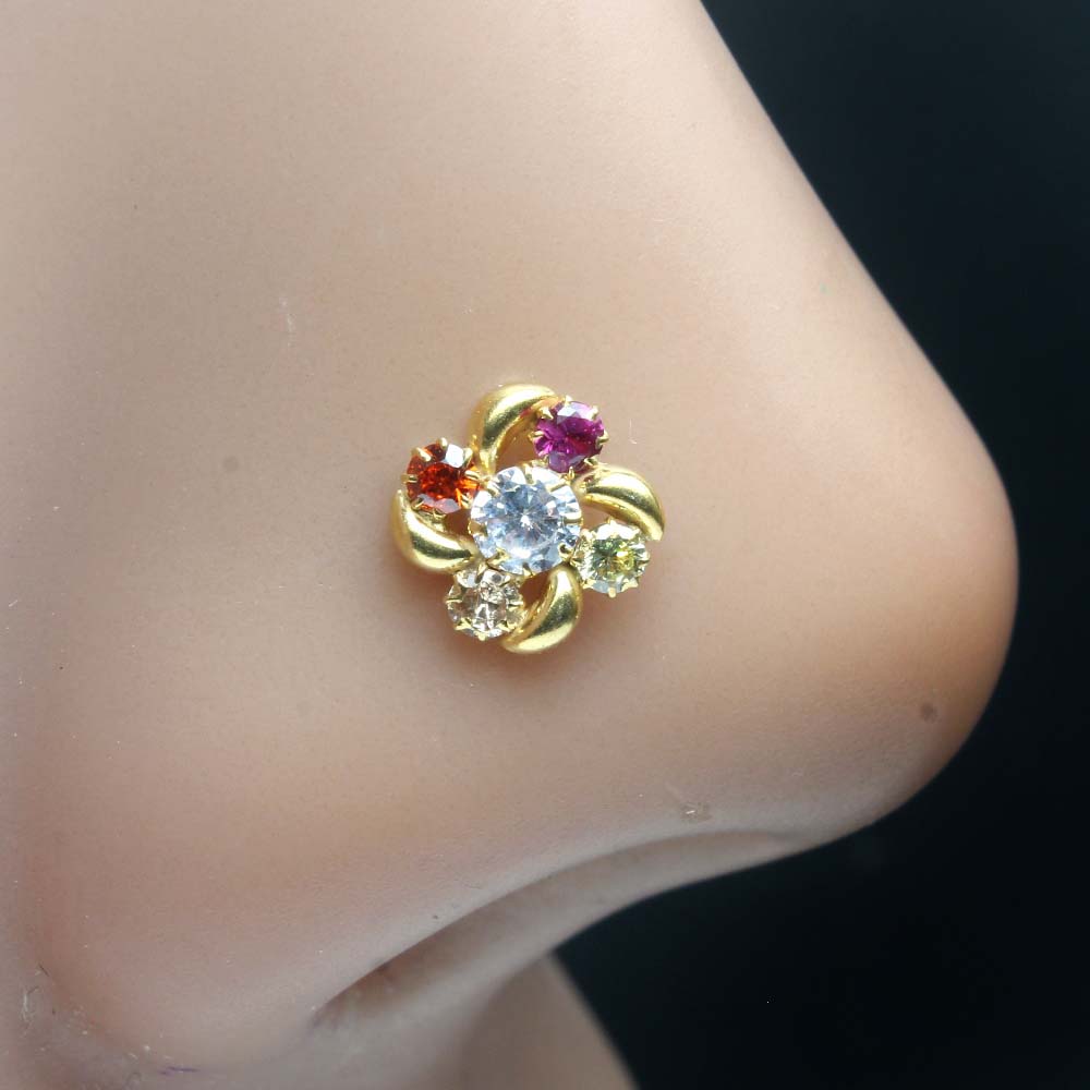 Traditionally Gold Plated Indian Style Nose Studs CZ Twisted nose ring 24g