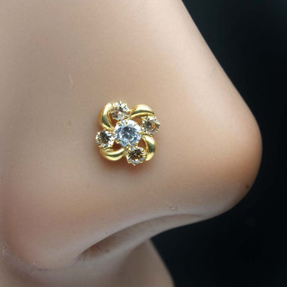 Traditionally Gold Plated Indian Style Nose Studs CZ Twisted nose ring 24g