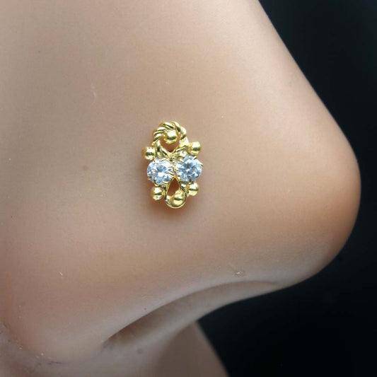 Ethnic Vertical Gold Plated Indian Women Style Nose Studs CZ Twist nose ring 24g