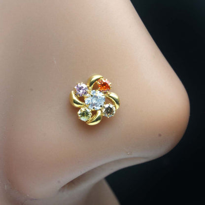 Gold Plated Indian Women Style Nose Studs Clear Multicolor CZ Twisted nose ring