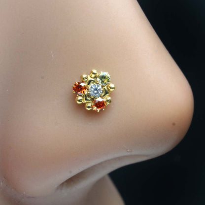 Gold Plated Indian Small Triangle Style Nose Studs Multi CZ Twisted nose ring