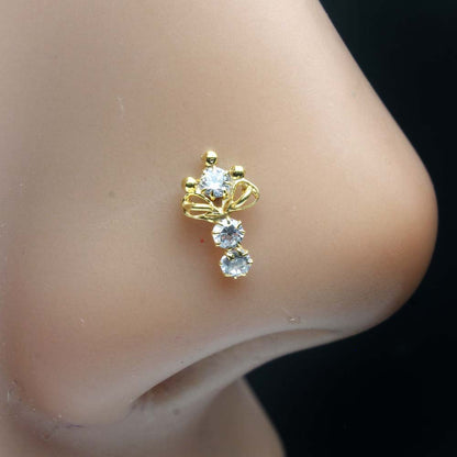 Beautiful Vertical Gold Plated Indian Style Nose Studs CZ Twist nose ring 24g