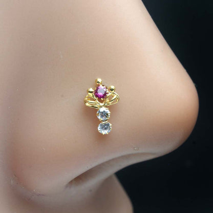 Beautiful Vertical Gold Plated Indian Style Nose Studs CZ Twist nose ring 24g