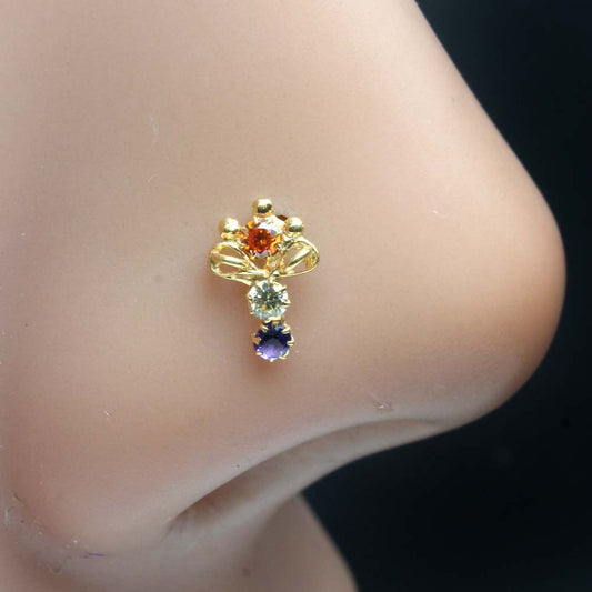 Beautiful Vertical Gold Plated Indian Style Nose Studs CZ Twist nose ring 24g