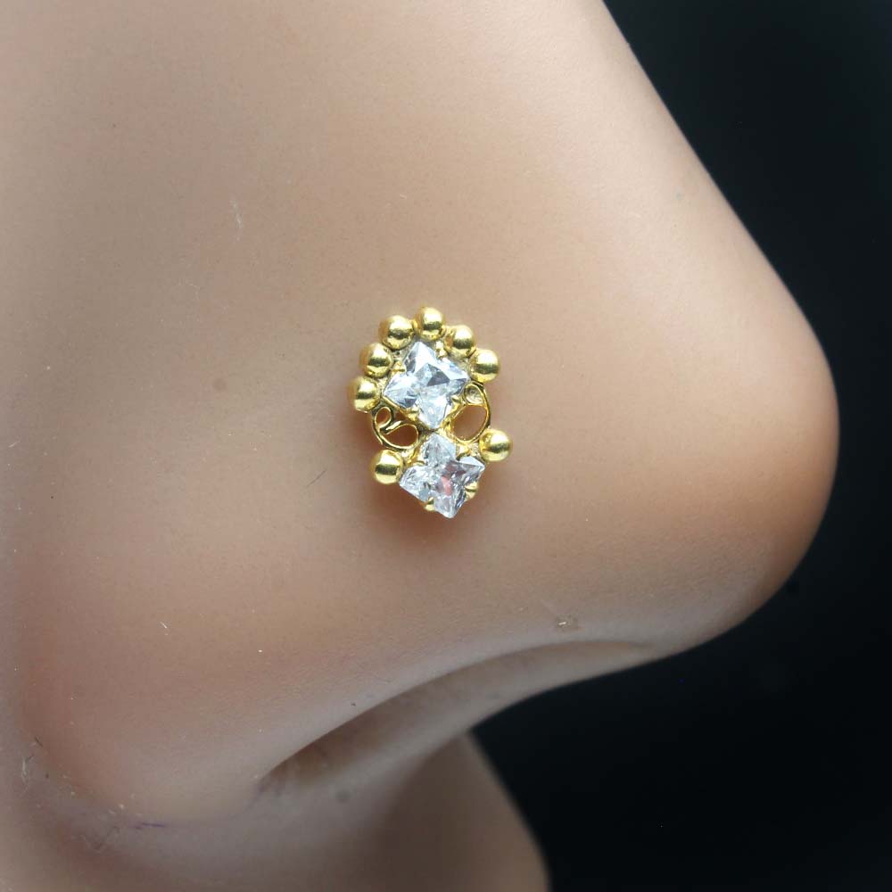 Small Vertical Gold Plated Indian Style Nose Studs White CZ Twisted nose ring