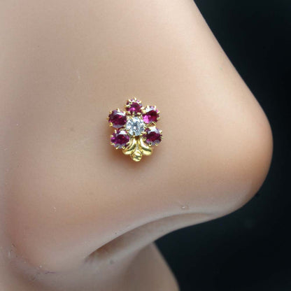 Cute Flower Gold Plated Indian Style Nose Studs CZ Corkscrew nose ring 24g