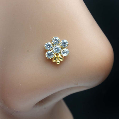 Cute Flower Gold Plated Indian Style Nose Studs CZ Corkscrew nose ring 24g