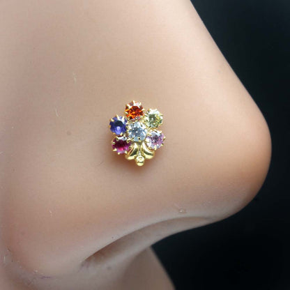 Cute Flower Gold Plated Indian Style Nose Studs CZ Corkscrew nose ring 24g