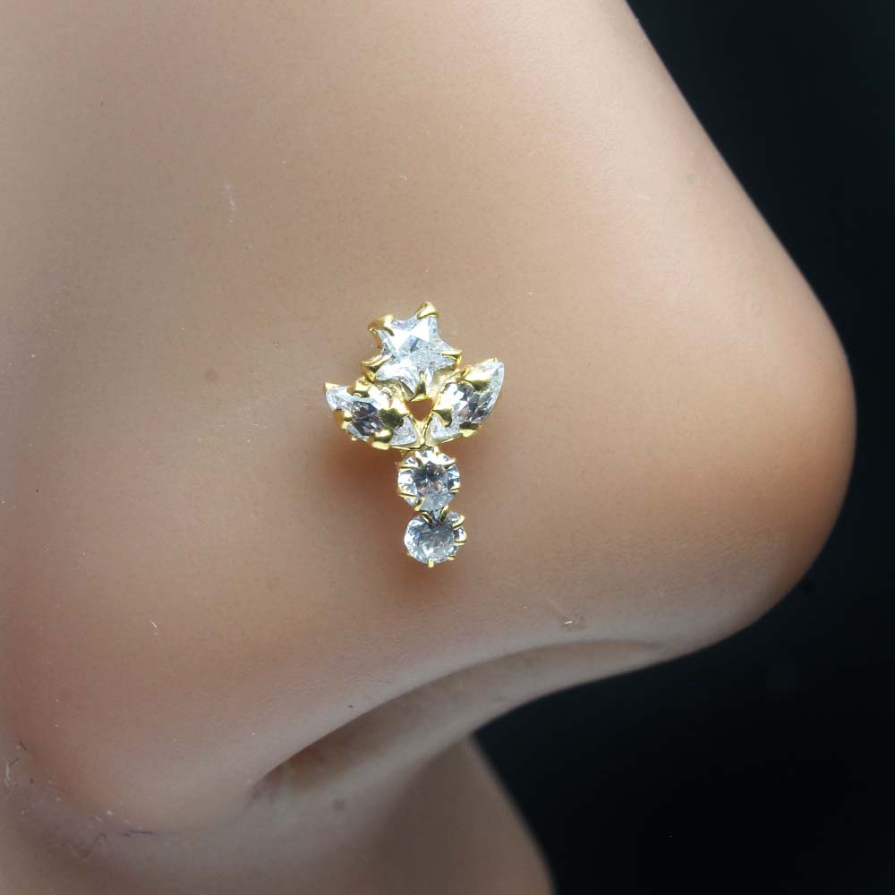 Star Vertical Gold Plated Indian Women Style Nose Studs CZ Twisted nose ring 24g