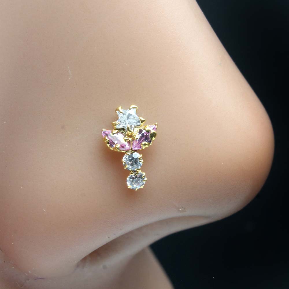 Star Vertical Gold Plated Indian Women Style Nose Studs CZ Twisted nose ring 24g