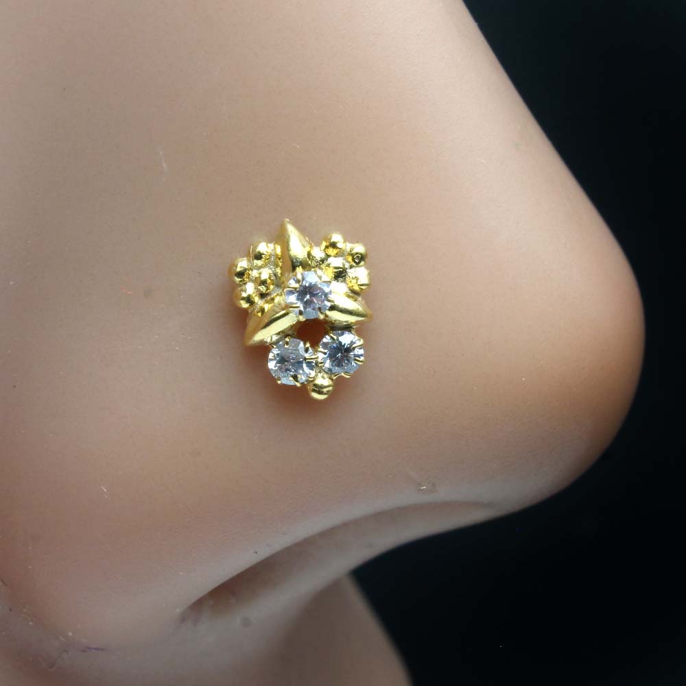 Small Vertical Style Gold Plated Indian Women Nose Studs CZ Twisted nose ring