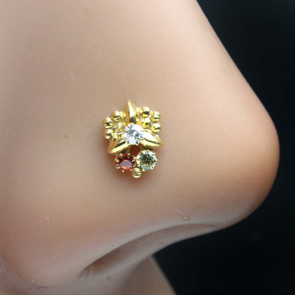 Small Vertical Style Gold Plated Indian Women Nose Studs CZ Twisted nose ring