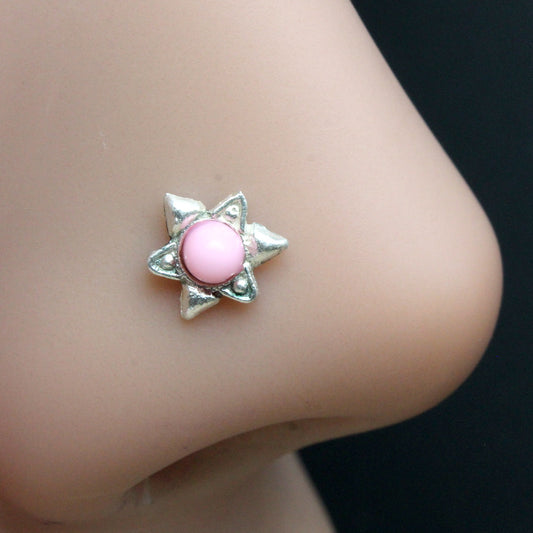 925 Sterling Silver Star Pink Stone Nath for women 