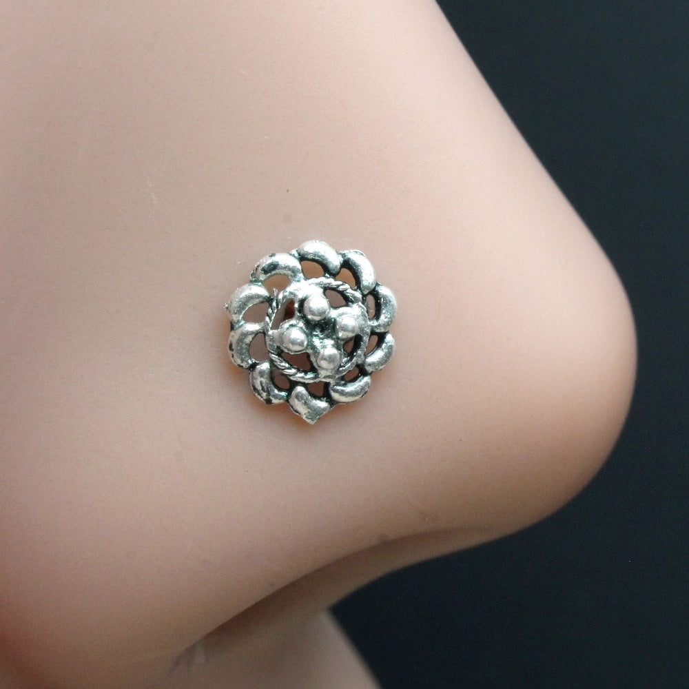 Indian Style Real Solid Silver Flower Nath 