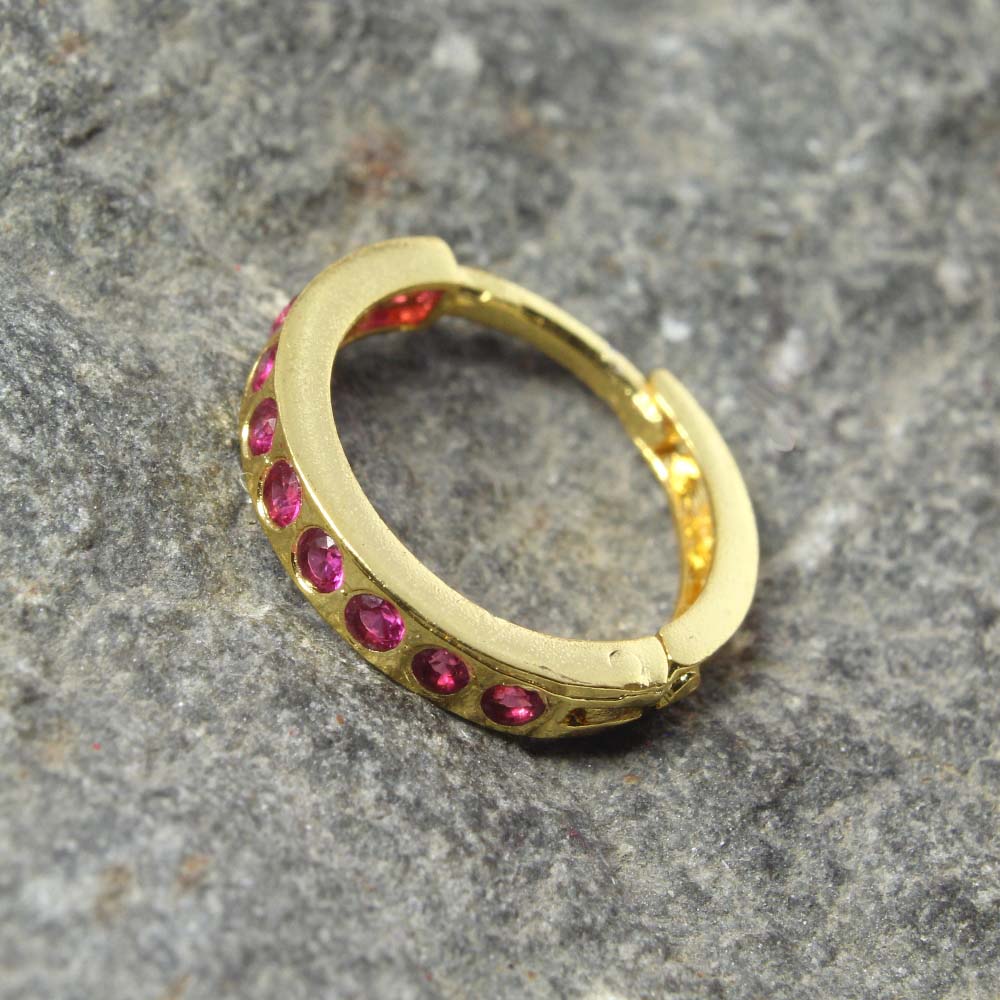 Indian Nose Ring Pink CZ Asian Gold Plated Clicker Hinged Nose Ring