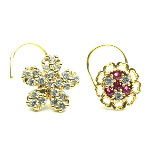 2pc Set Gold Plated Indian Floral Nose Stud CZ Twisted nose ring