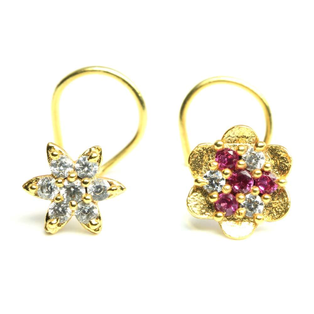 2pc Set Gold Plated Star Indian Floral Style Nose Stud CZ Twisted nose ring