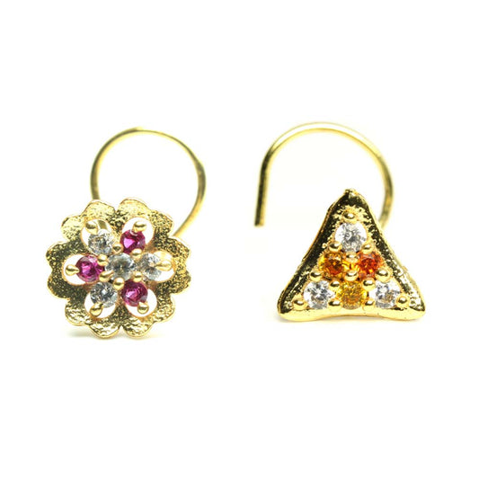 2pc Set Gold Plated Triangle Floral Women Nose Stud CZ Twisted nose ring 22g