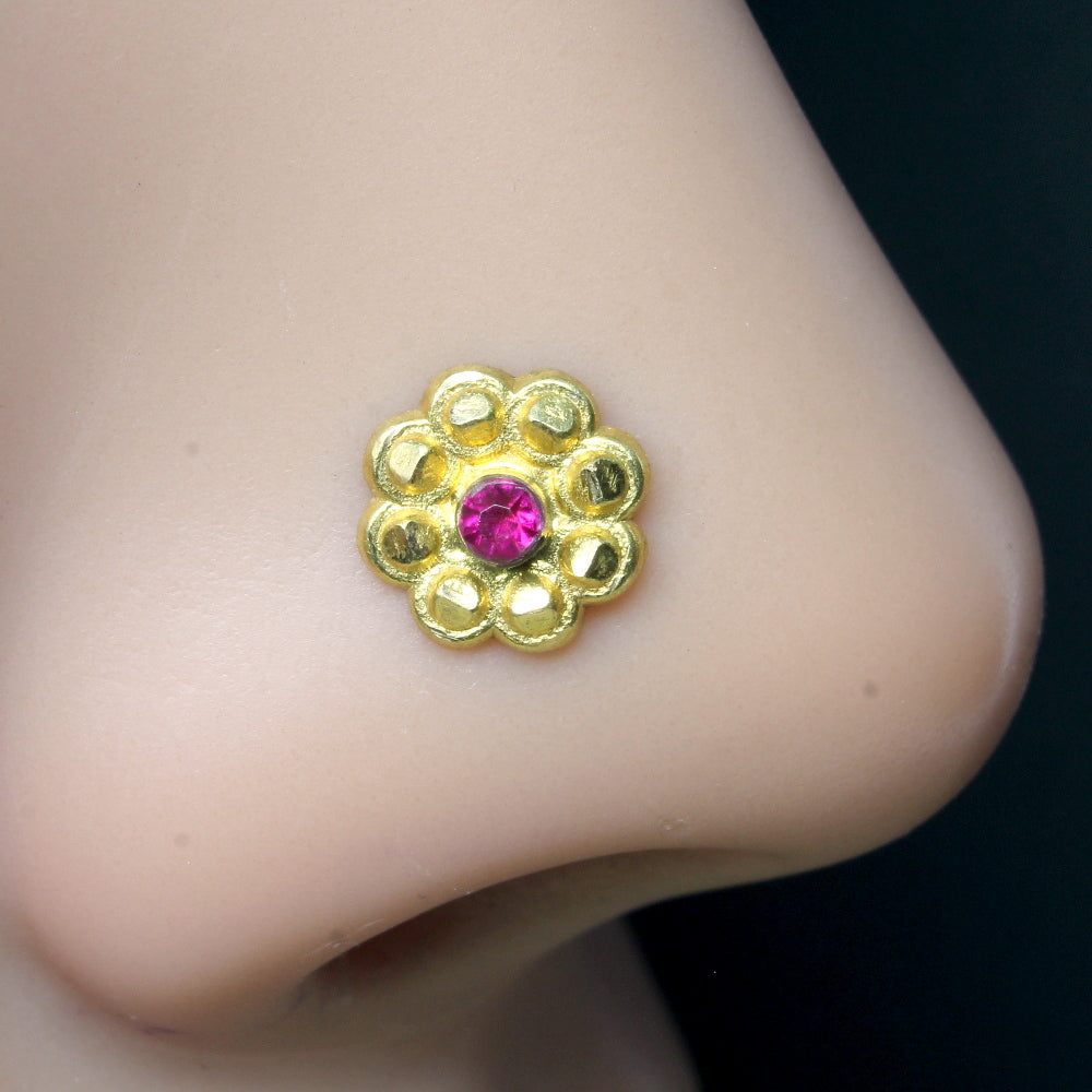 Traditional Indian Style Nose ring Pink CZ Gold Filled Nose stud push pin