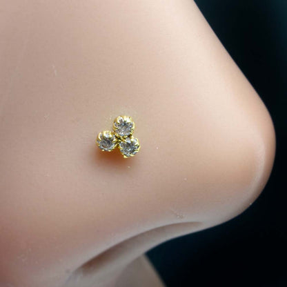 Tiny 3 Stone Real Gold 14K Nose stud White CZ Indian Style