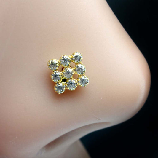 14k real gold Nose stud White CZ Indian Style 