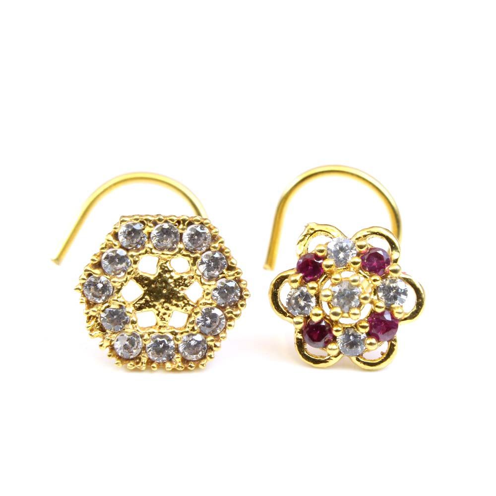2pc-set-flower-gold-plated-indian-nose-studs-cz-corkscrew-piercing-nose-ring-10982