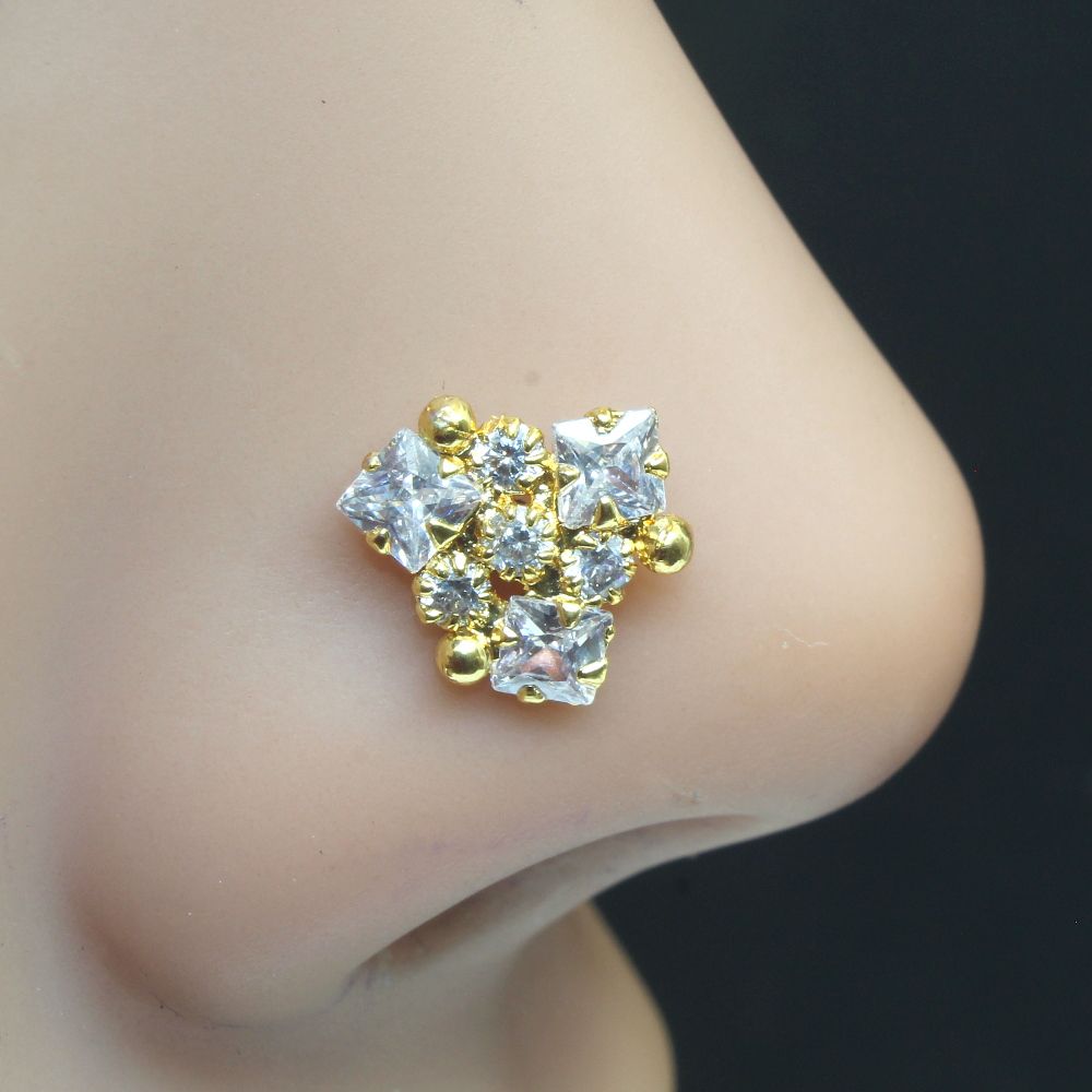 Gold Plated Piercing 16g CZ Nose Stud Push Pin