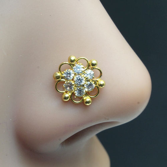 Karizma Jewels Nose Studs are Purely Handmade Designed by Experienced Master Craftsmen.
Indian Nose Stud Ring in Yellow Gold Plated Traditional Design Nose Piercings Inspired from Indian Culture.