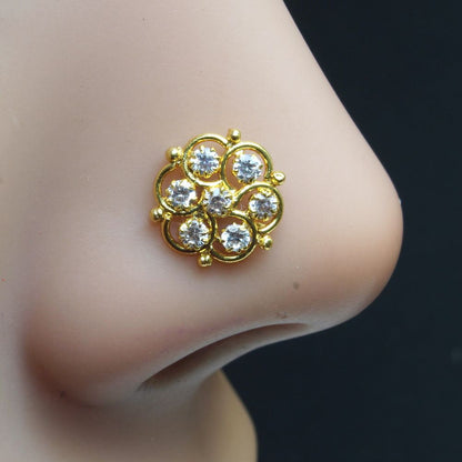 Karizma Jewels Nose Studs are Purely Handmade Designed by Experienced Master Craftsmen.
Indian Nose Stud Ring in Yellow Gold Plated Traditional Design Nose Piercings Inspired from Indian Culture.