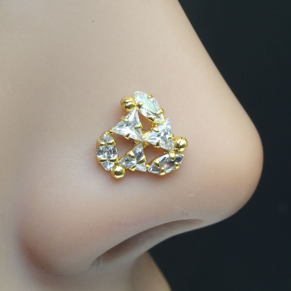 Karizma Jewels Nose Studs are Purely Handmade Designed by Experienced Master Craftsmen.
Indian Nose Stud Ring in Yellow Gold Plated Traditional Design Nose Piercings Inspired from Indian Culture.