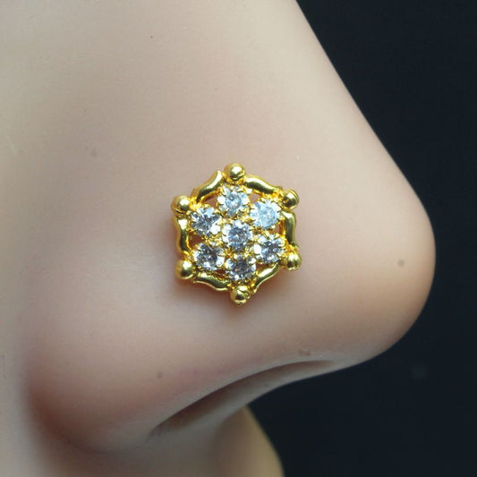 Karizma Jewels Nose Studs are Purely Handmade Designed by Experienced Master Craftsmen.
Indian Nose Stud Ring in Yellow Gold Plated Traditional Design Nose Piercings Inspired from Indian Culture.