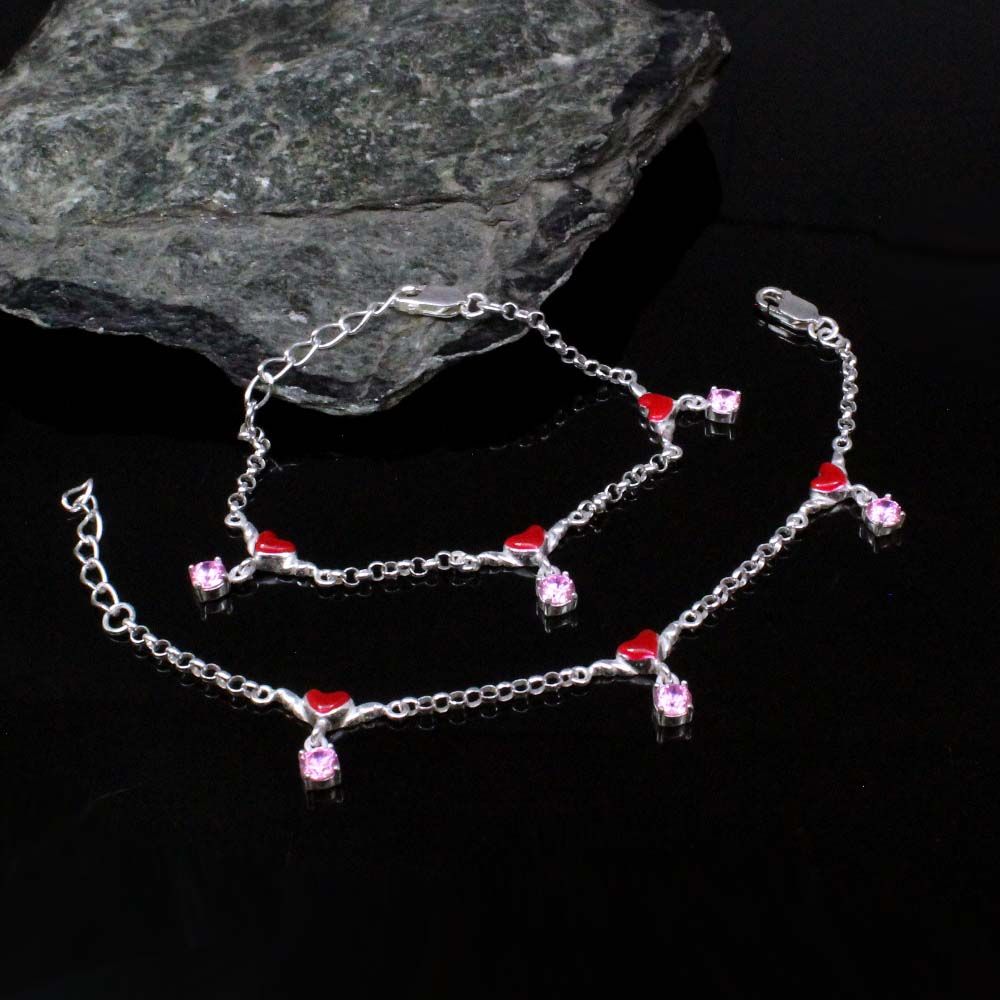 925 Silver Kids Heart Shape Anklets Bracelet 5.5"