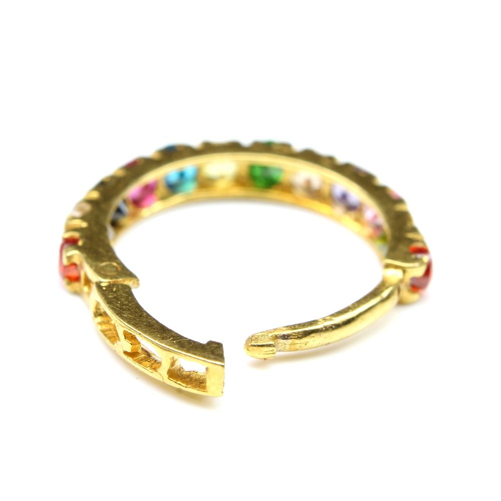 Large Real Gold  Multicolor CZ Hoop Nose Ring clicker hinged Nose piercing