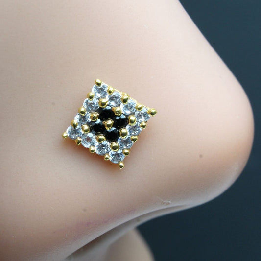 Square Black CZ gold plated Nose stud push pin