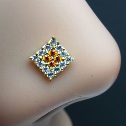 Square Orange CZ gold plated Nose stud push pin