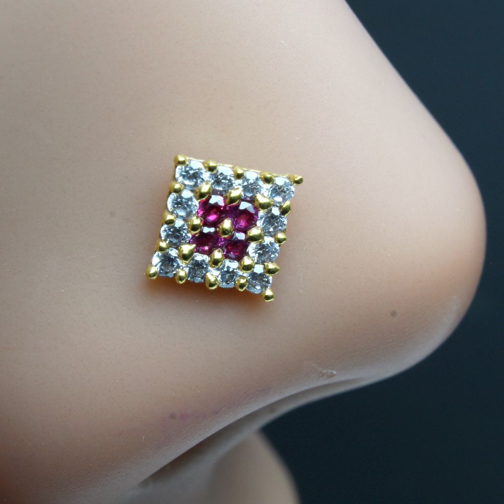 Square CZ gold plated Piercing Nose stud push pin