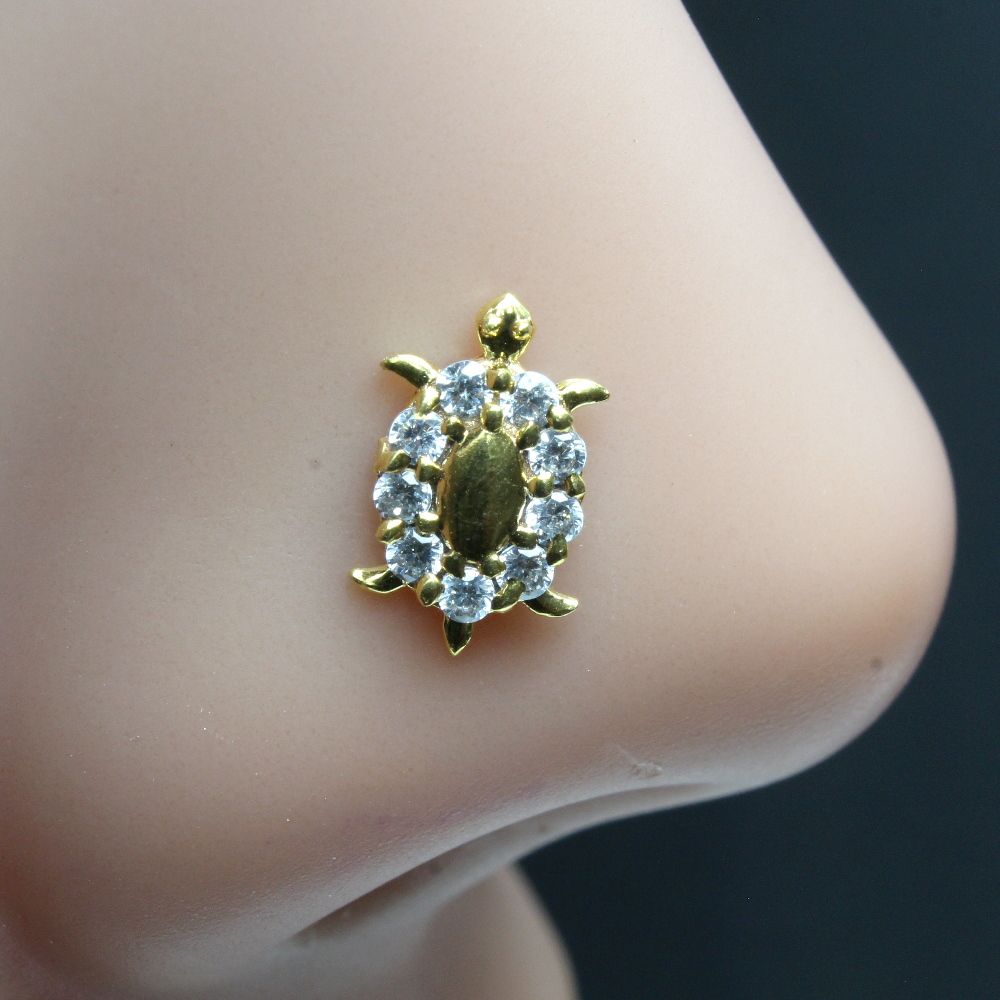 Turtle CZ studded gold plated Nose stud push pin