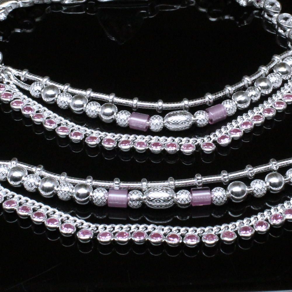 Silver pink CZ Anklets Pair 10.5&quot;