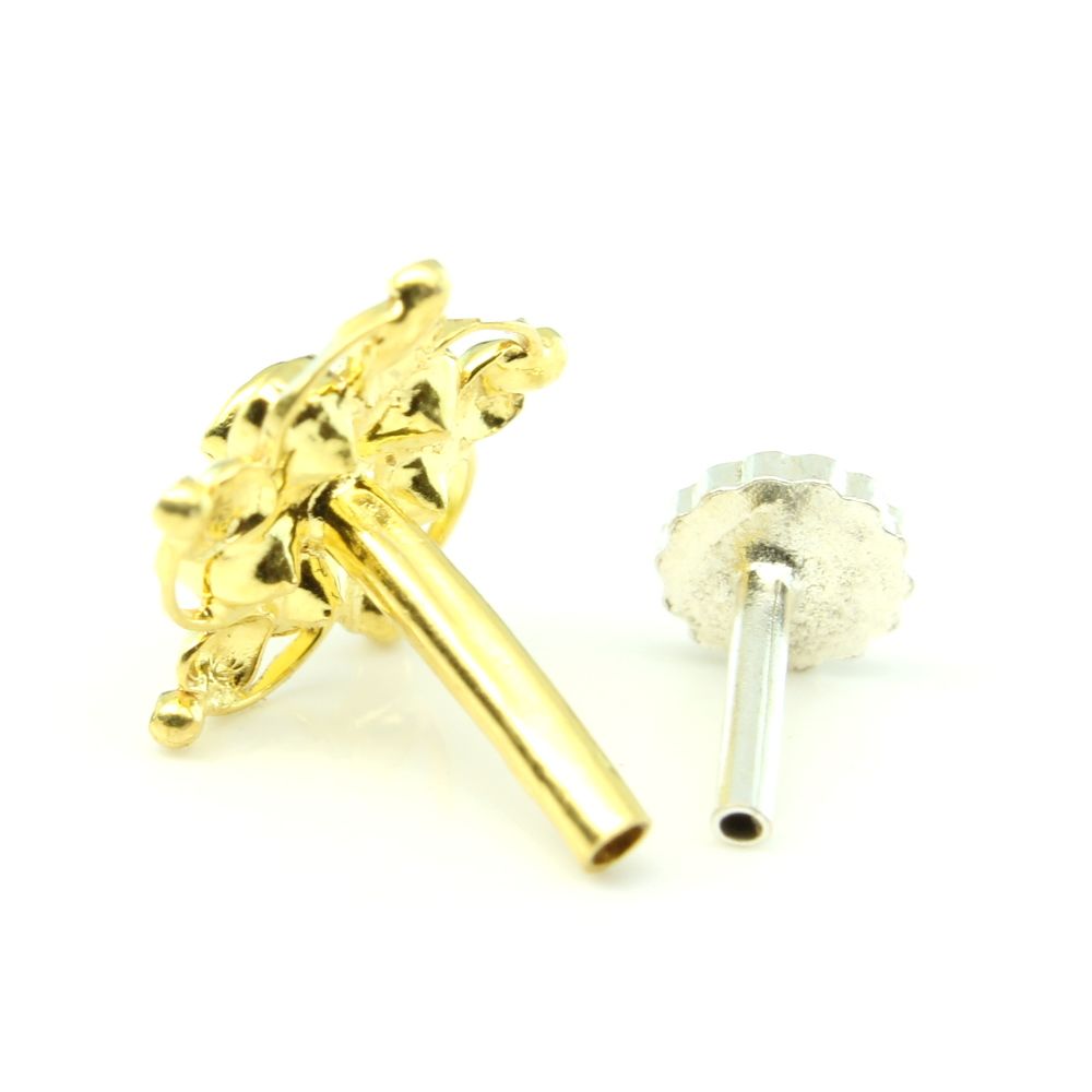  14K Ethnic White CZ piercing nose ring with Push Pin