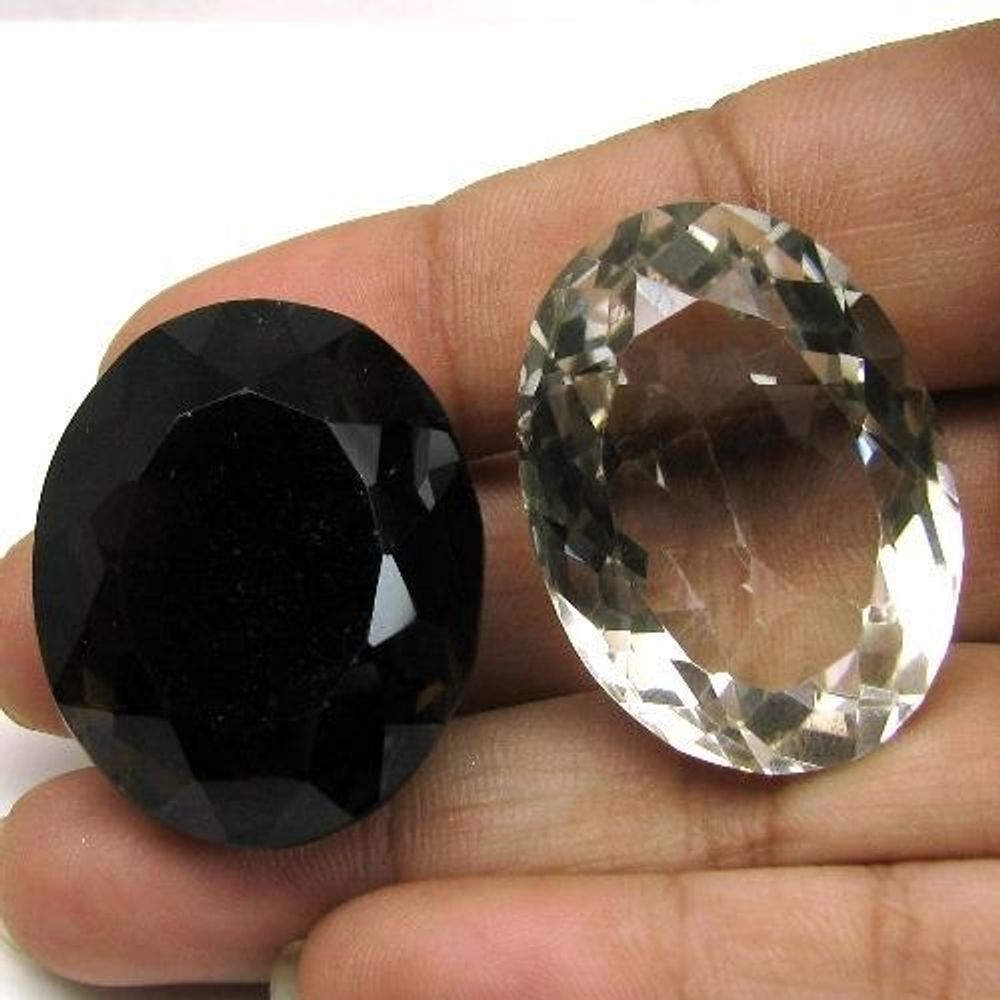 150Ct 2pc Lot Natural Smoky & Crystal Quartz Oval Faceted Loose Gemstones