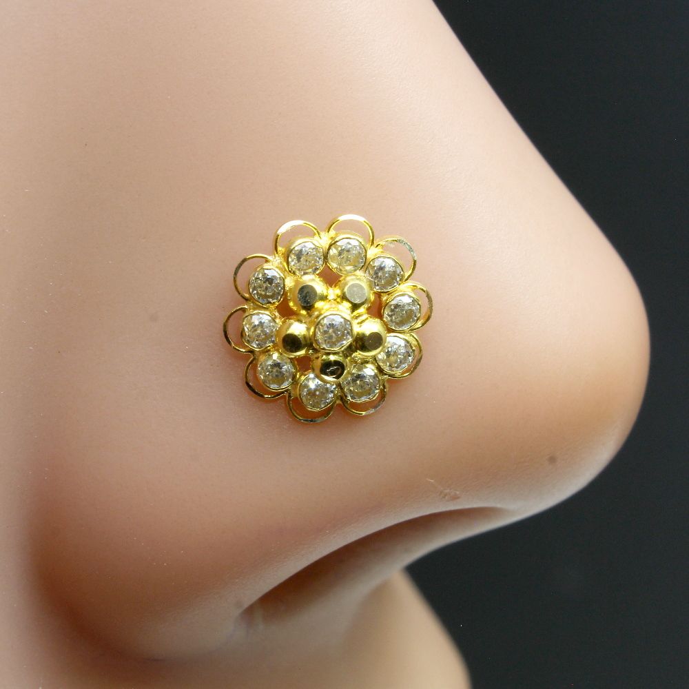single stone white cz body piercing nose stud push pin solid 14k yellow gold  – Karizma Jewels