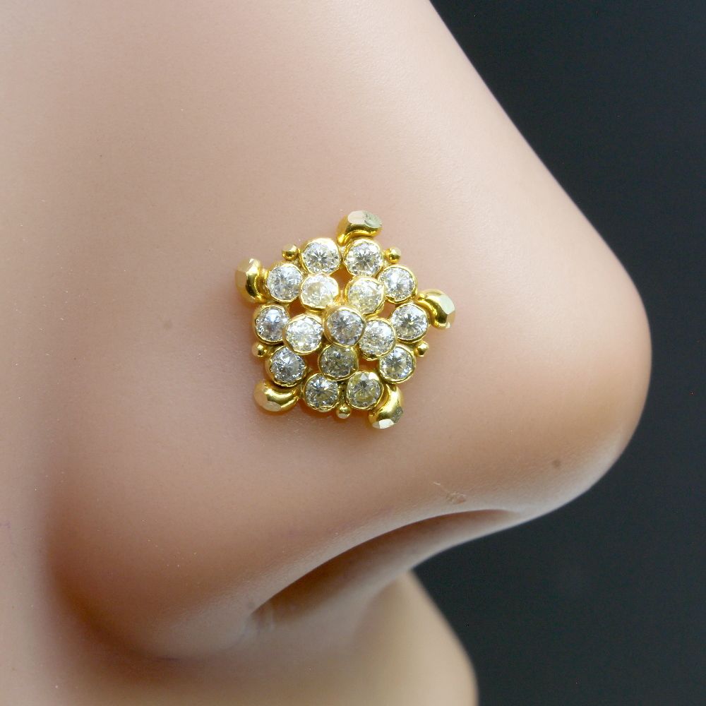 18K Real Solid Gold Nose rings Indian Women Pink White CZ Nose Hoop Ri –  Karizma Jewels